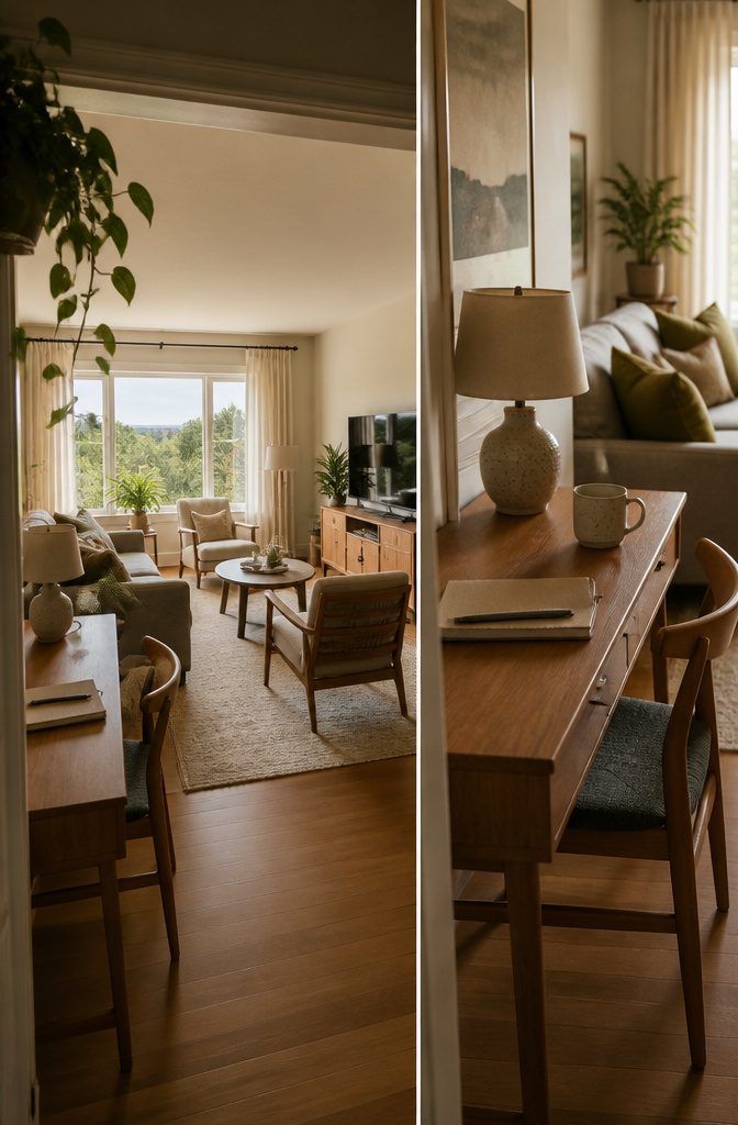 Living room with chairs and sofa arranged for conversation and television viewing