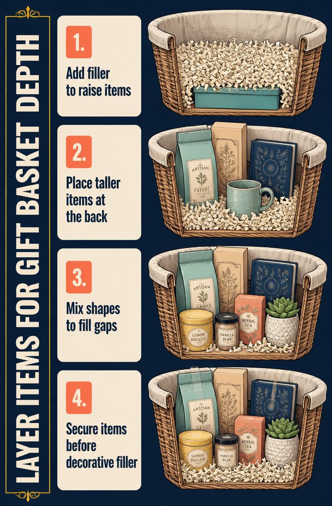 How to Make a Gift Basket Look Nice in 6 Steps 5 Gift basket diagram with tall items behind shorter gifts and filler