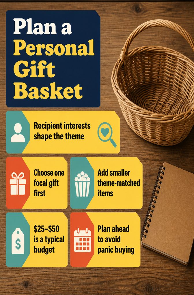 How to Make a Gift Basket Look Nice in 6 Steps 2 Gift basket planning graphic with notes about personal interests and themes