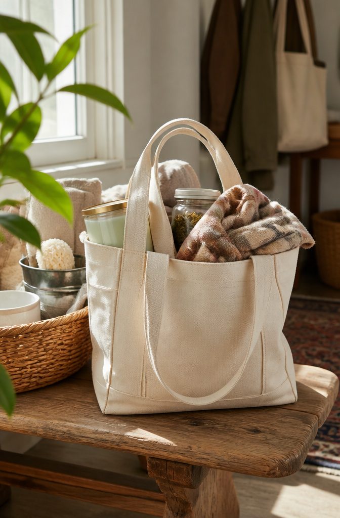 How to Make a Gift Basket Look Nice in 6 Steps 8 Gift basket arranged inside a reusable container with gifts peeking out