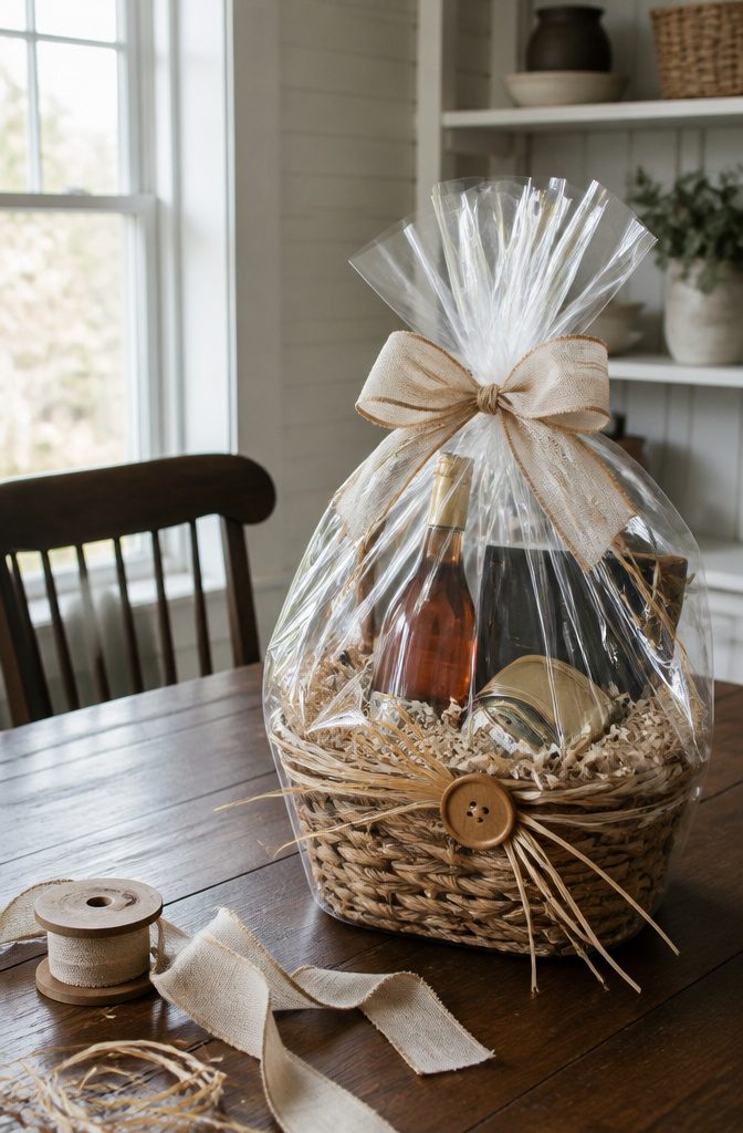 How to Make a Gift Basket Look Nice in 6 Steps 6 Woven basket wrapped in clear cellophane with ribbon bow wood button and raffia