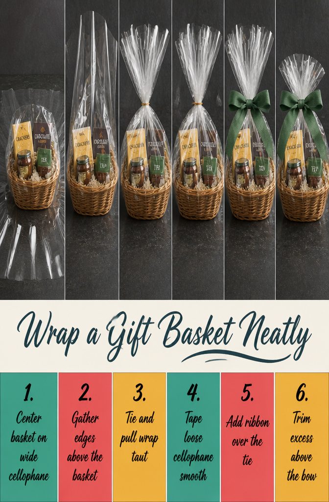 How to Make a Gift Basket Look Nice in 6 Steps 7 Gift basket with cellophane gathered at the top beneath a ribbon