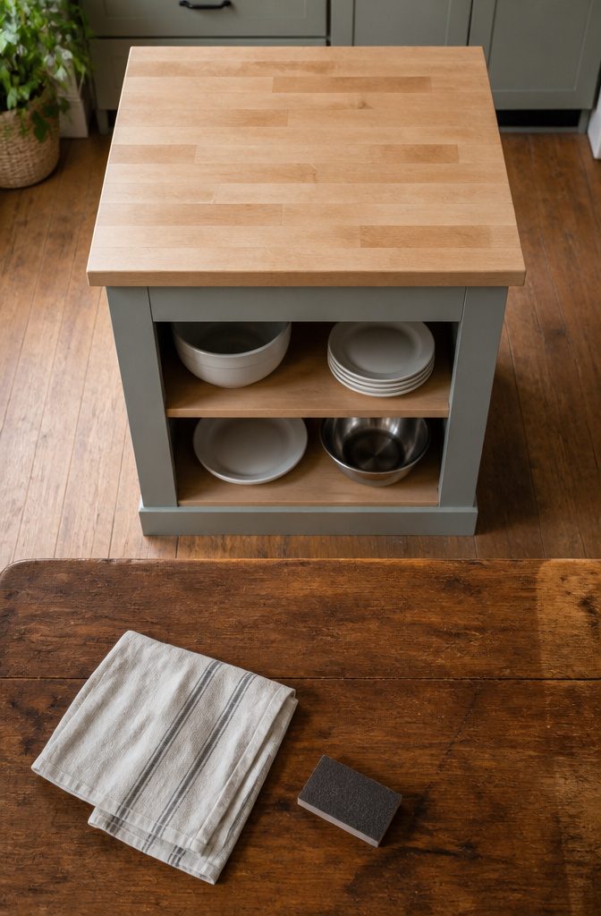 Kitchen island with open shelves holding bowls and prep tools