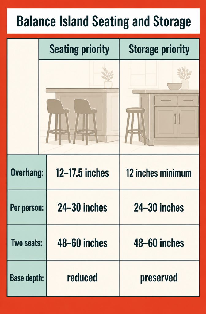 Kitchen island with bar stools beneath overhang and storage cabinets opposite