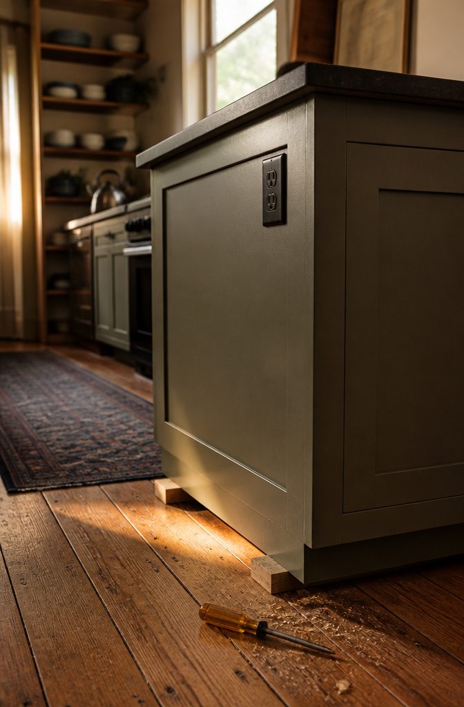 Kitchen island secured over wood subfloor with mounting blocks and side outlet
