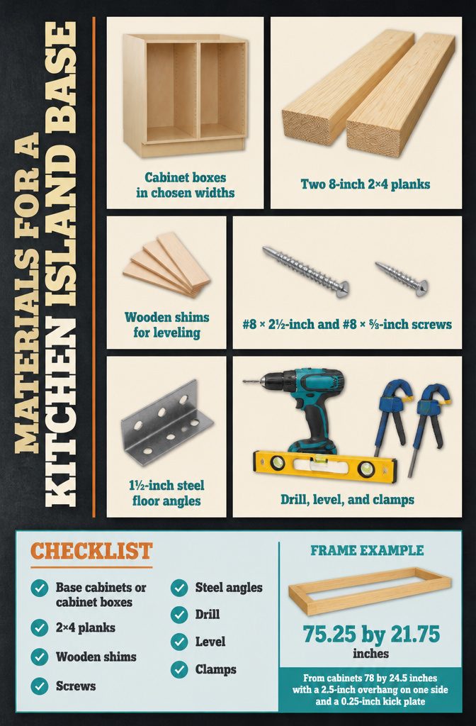 Cabinet boxes with 2×4 lumber screws shims and tools