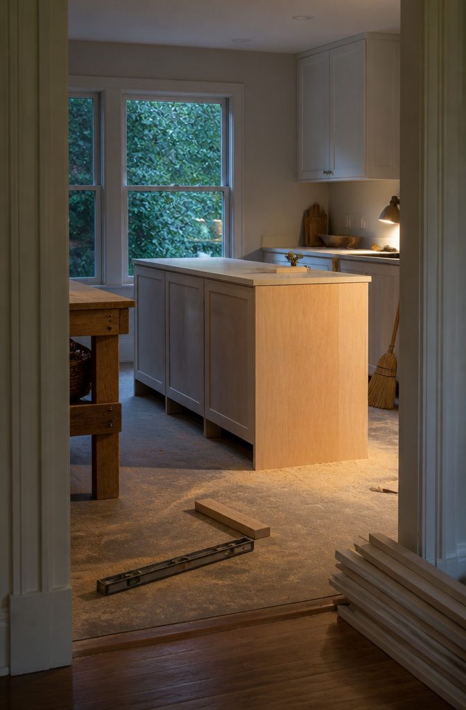 Partly assembled kitchen island with joined cabinets countertop and fitted side panel