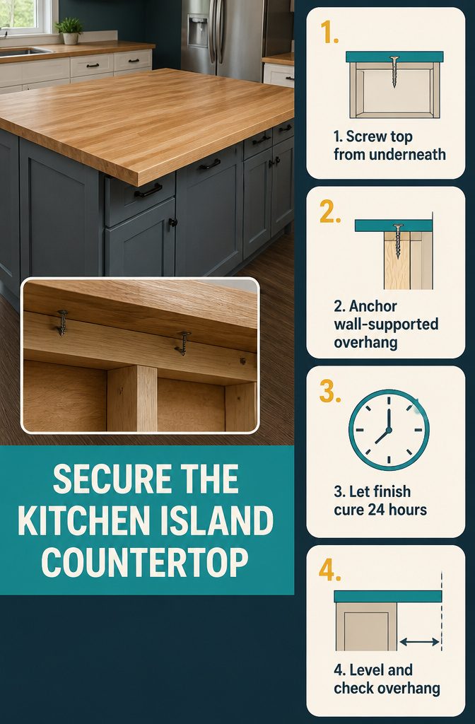 Underside of kitchen island countertop secured to cabinet frame with screws