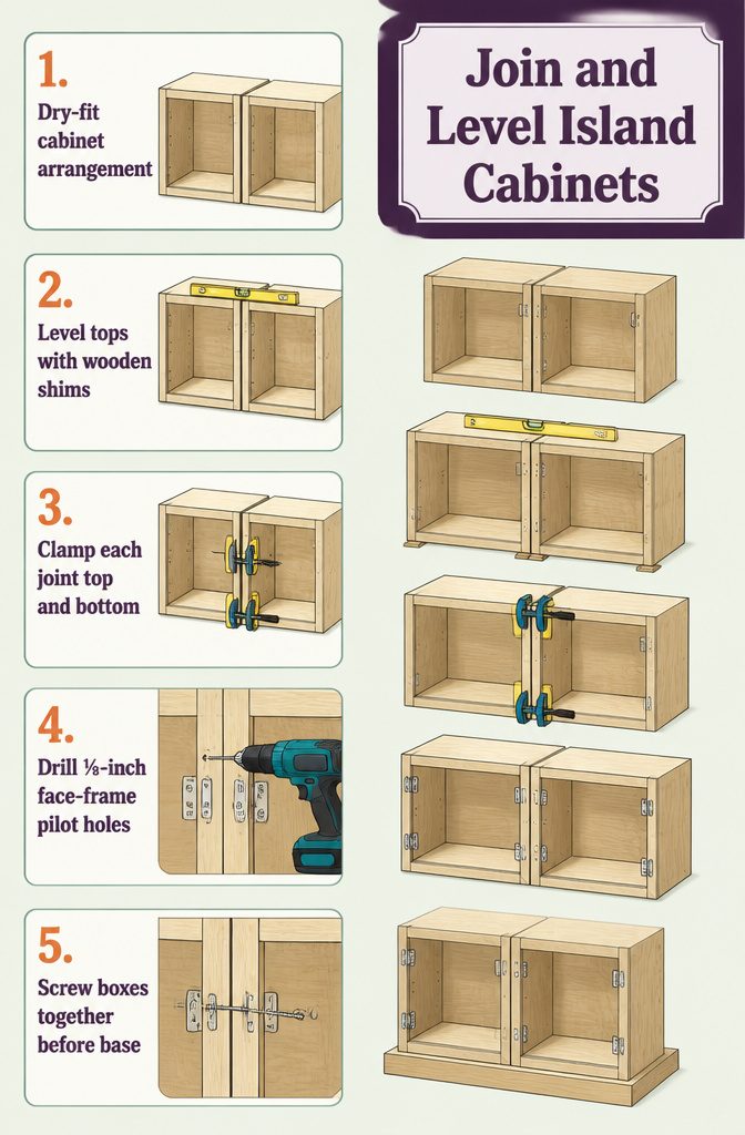 Kitchen island cabinets clamped together with a level on top