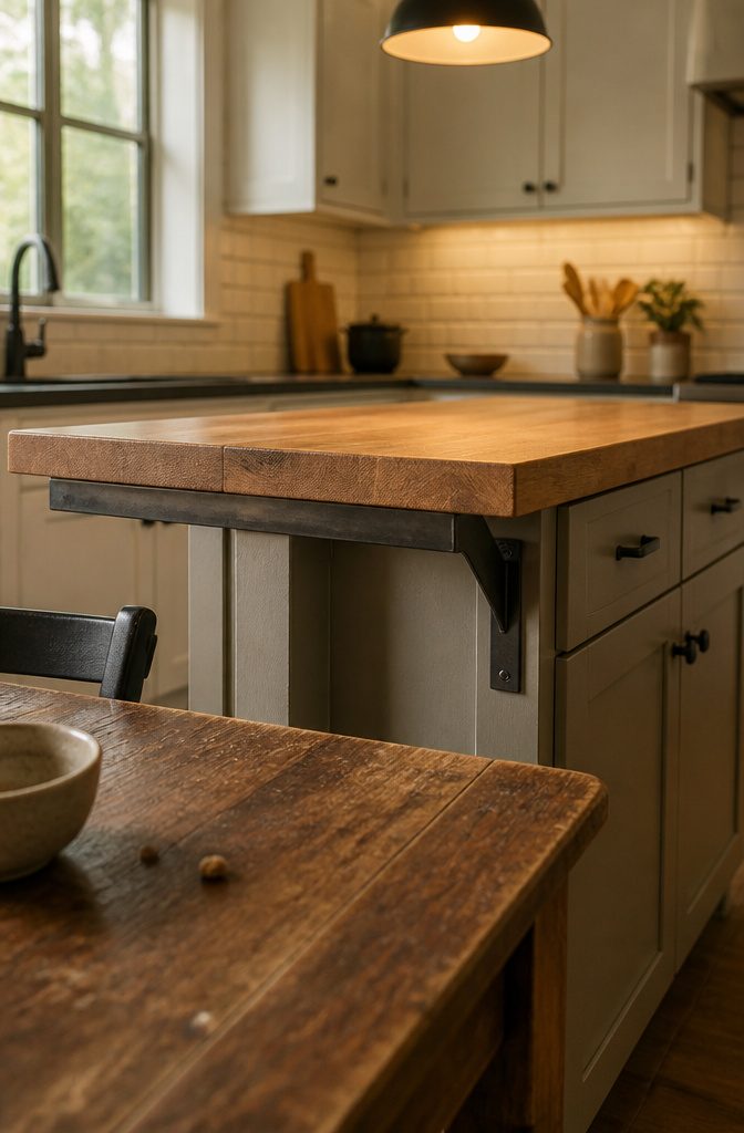 Kitchen island countertop with brackets supporting the overhang