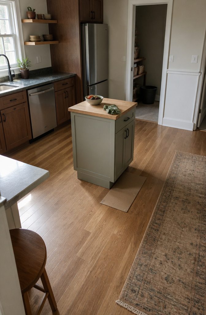 Small kitchen island surrounded by cabinets and open floor space