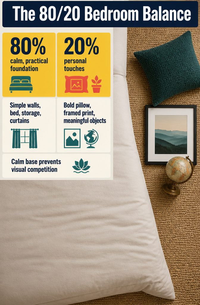 Bedroom with simple furnishings, a framed print, and a bold accent pillow