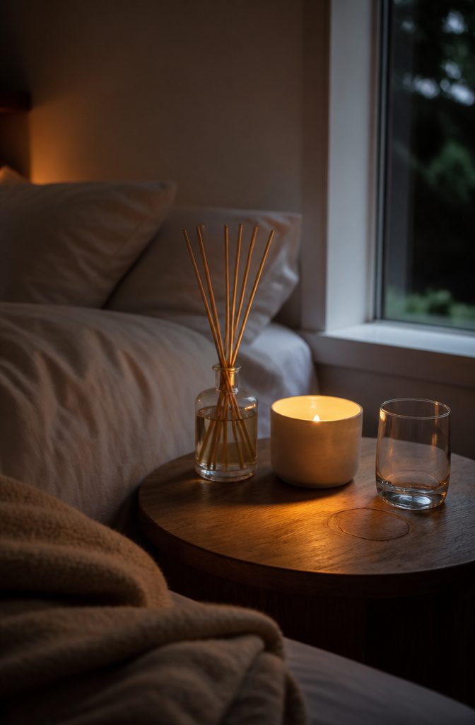 Bedside table with a ceramic candle and glass reed diffuser