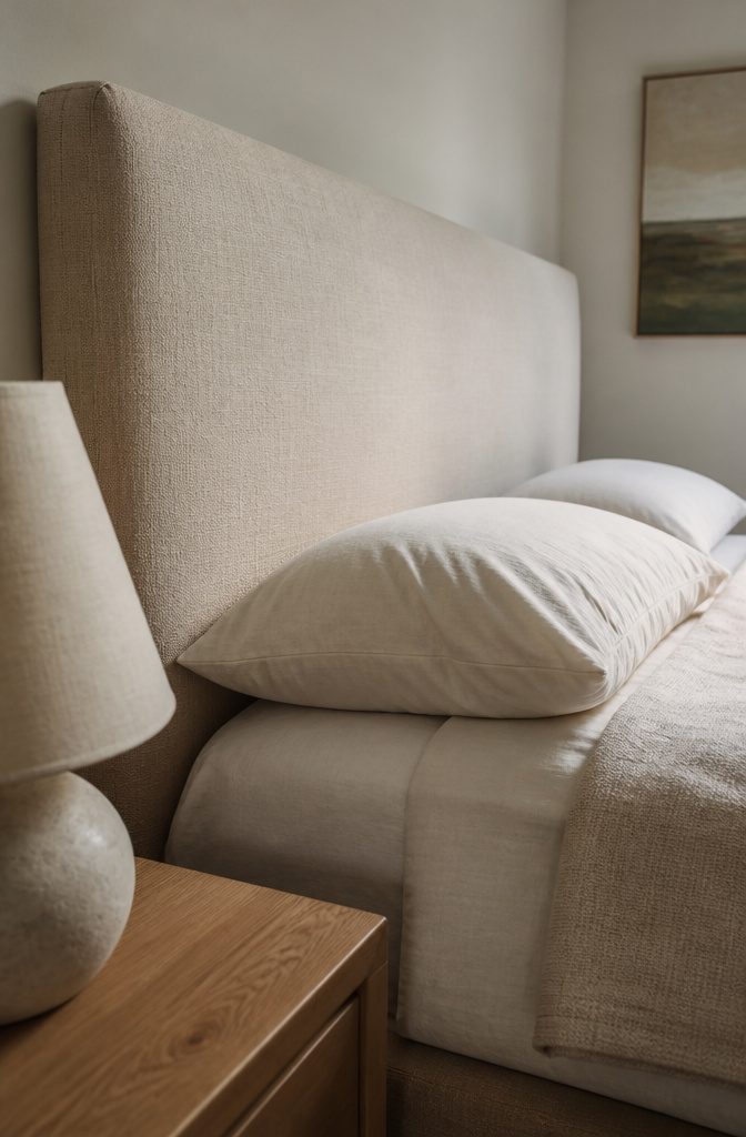 Bed with an upholstered headboard against a simple bedroom wall