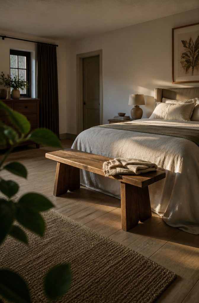 Bedroom with small prints above a nightstand and an unusual framed mirror