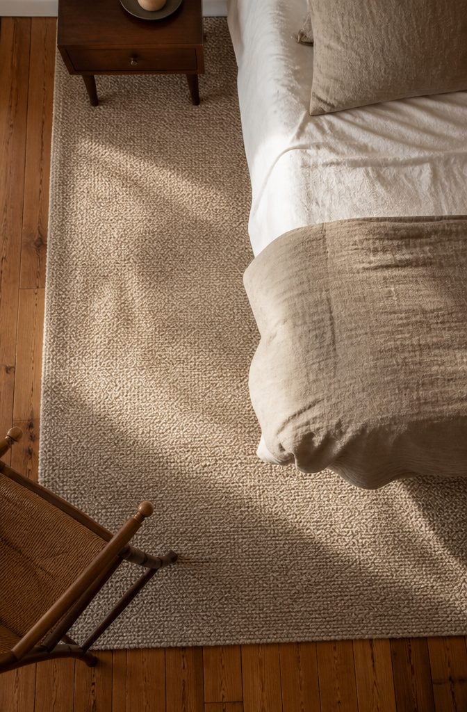Bedroom rug extending past the sides and foot of a bed