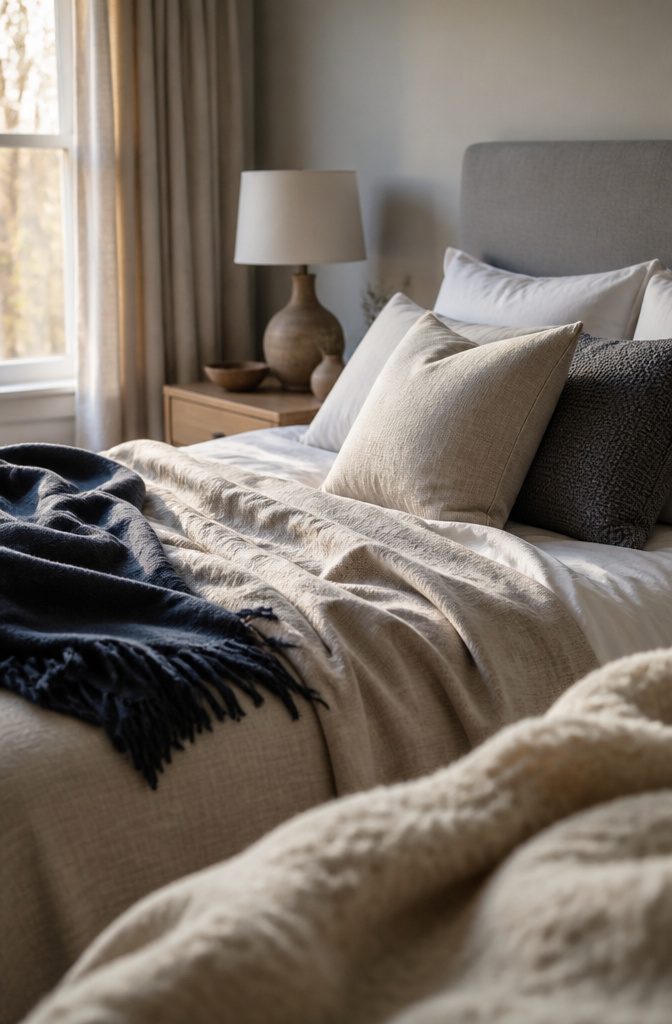 Bed with a draped cotton throw and decorative linen and woven cotton pillows