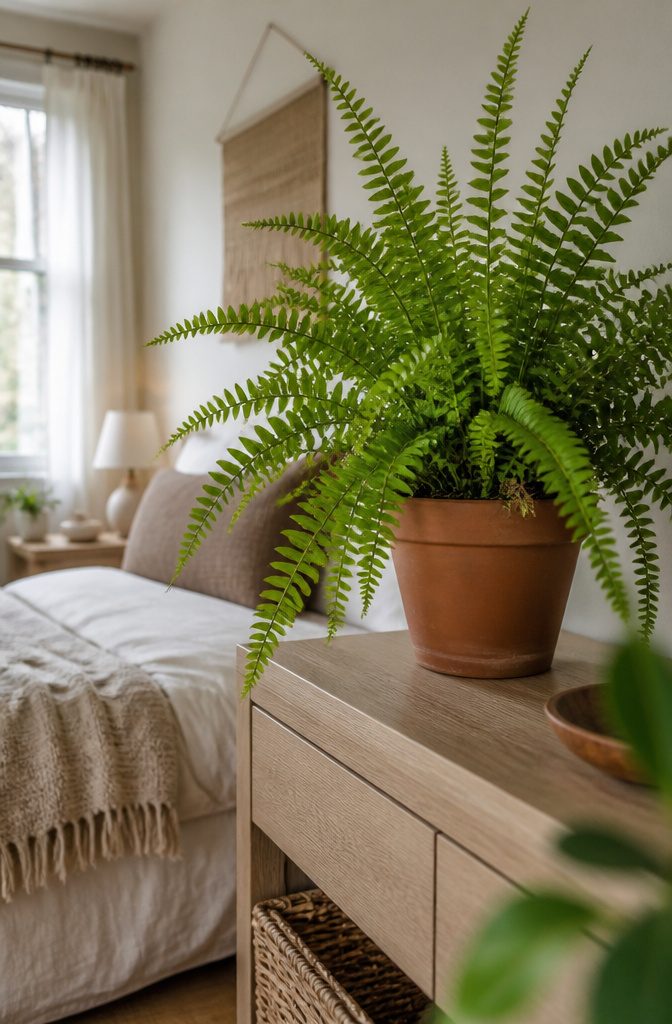 Bedroom with a leafy plant on a dresser and natural fabric bedding