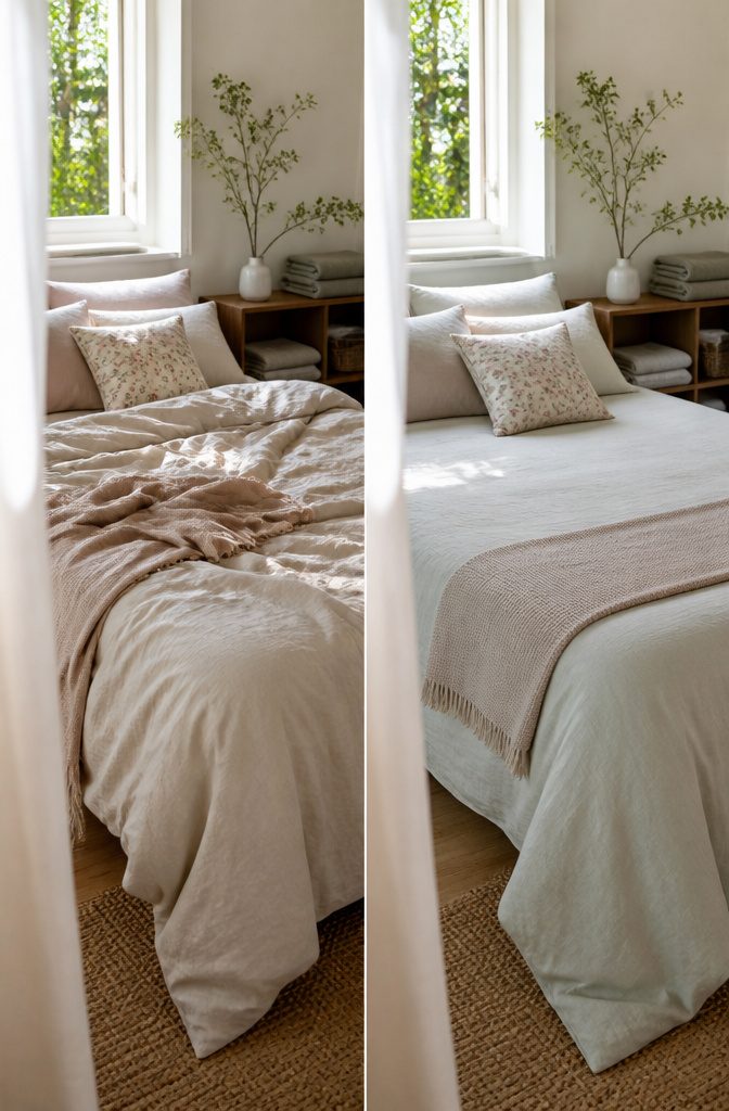 Bed with lightweight bedding and a woven cotton throw at the foot