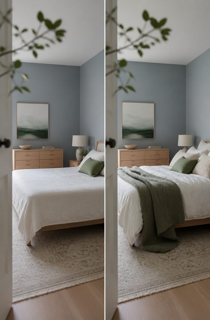 Bedroom with warm white walls, muted blue accents, and simple furnishings