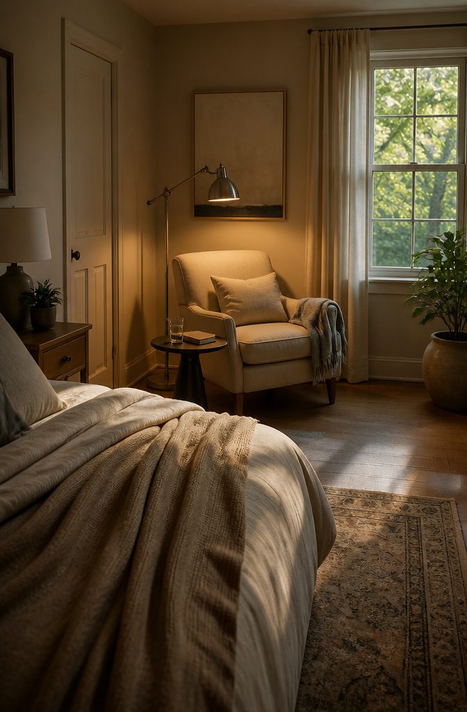 Bedroom corner with a cushioned chair, small side table, and reading lamp