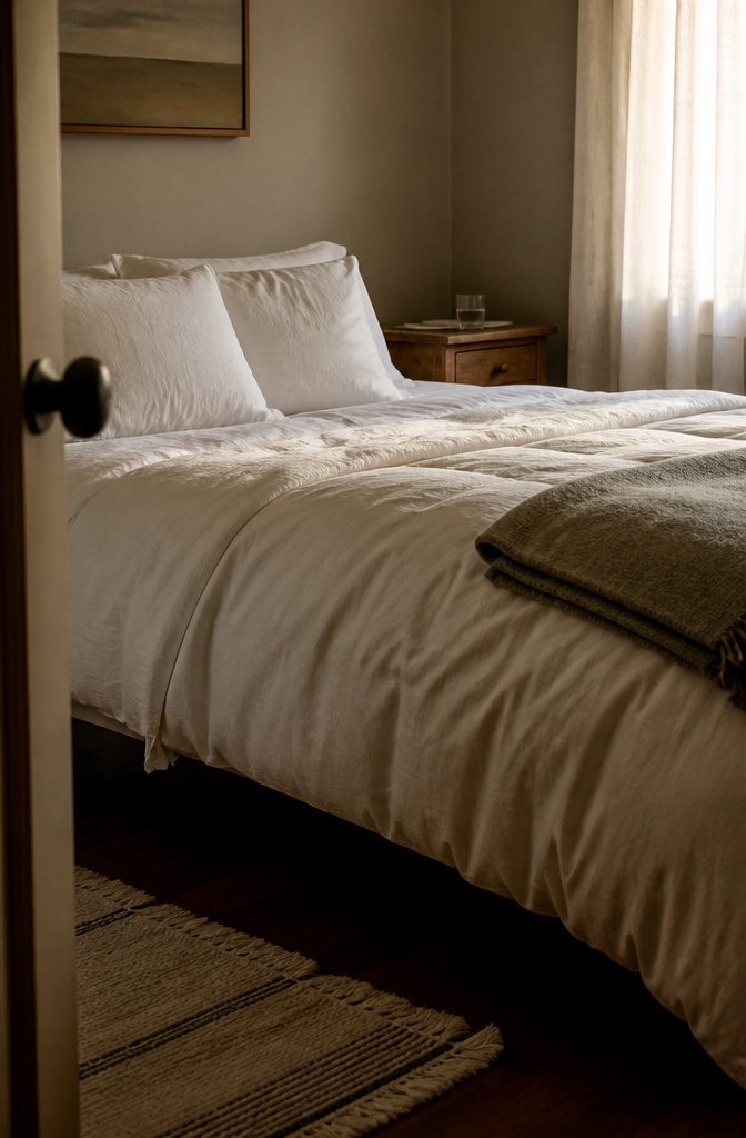 Bed with cotton sheets, a full comforter, sleeping pillows, and a folded blanket