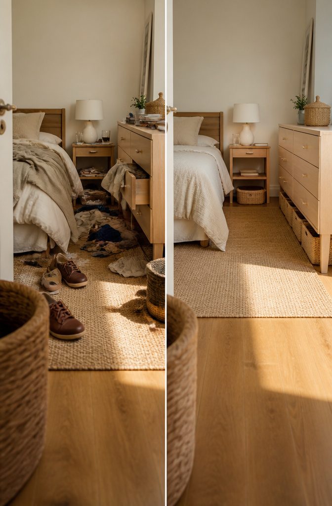 Bedroom with tidy surfaces and woven baskets tucked near the bed