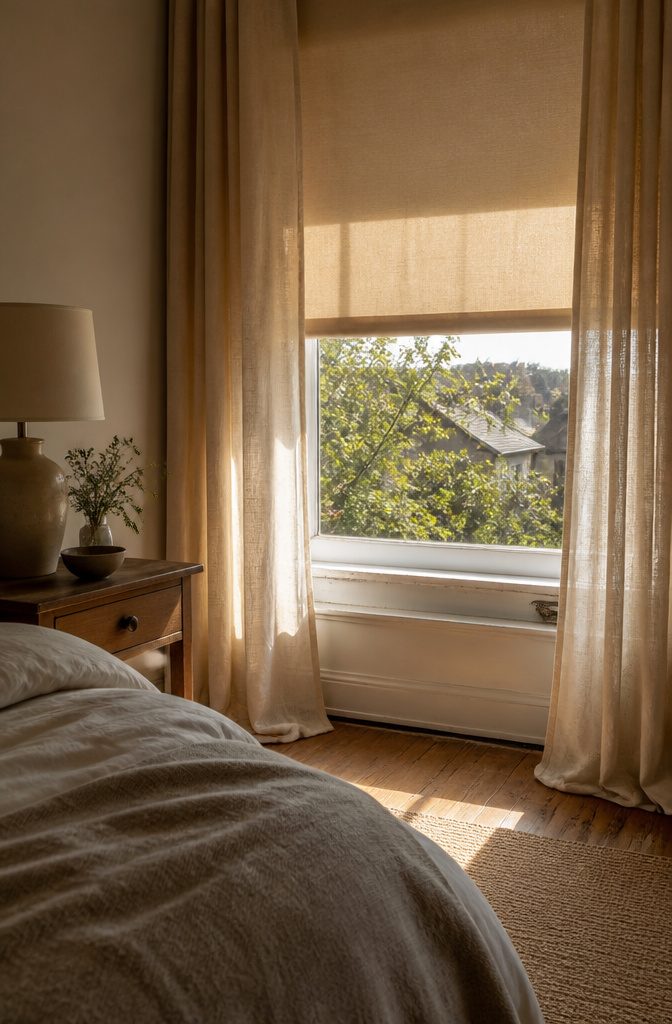 Bedroom window with a fabric shade and full-length linen curtains