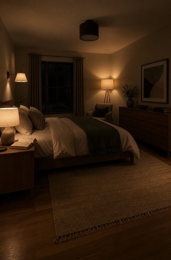 Bedroom with a bedside lamp and a floor lamp beside the bed