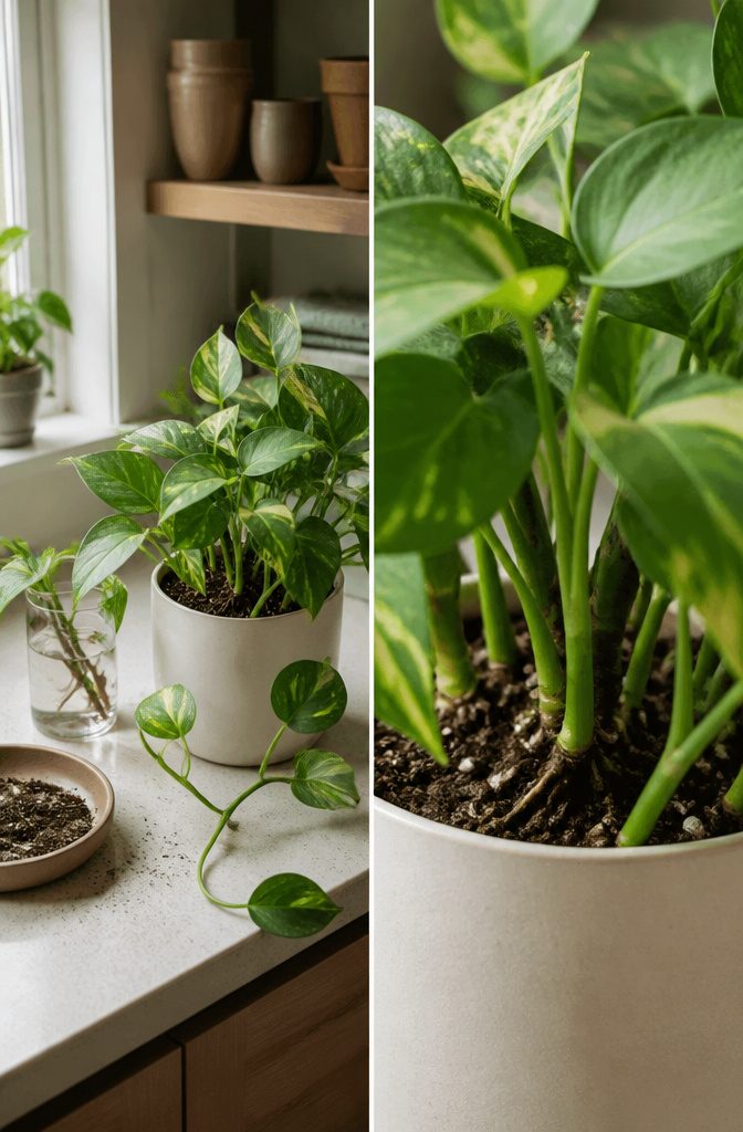 Pothos cuttings planted together in one pot with leafy vines