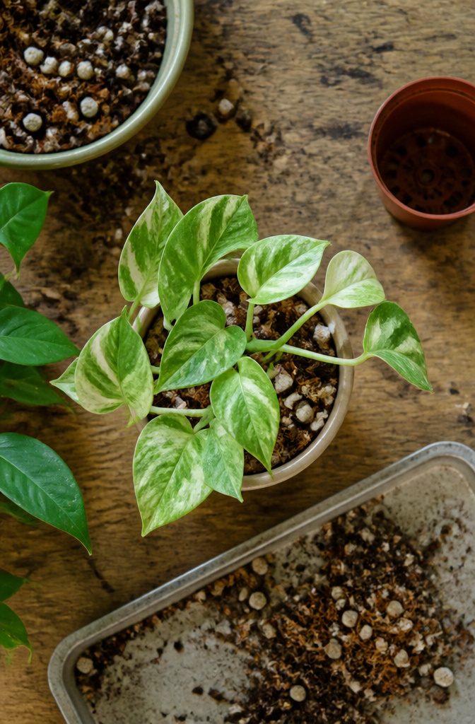 Pothos beside a pot and loose houseplant soil with drainage materials
