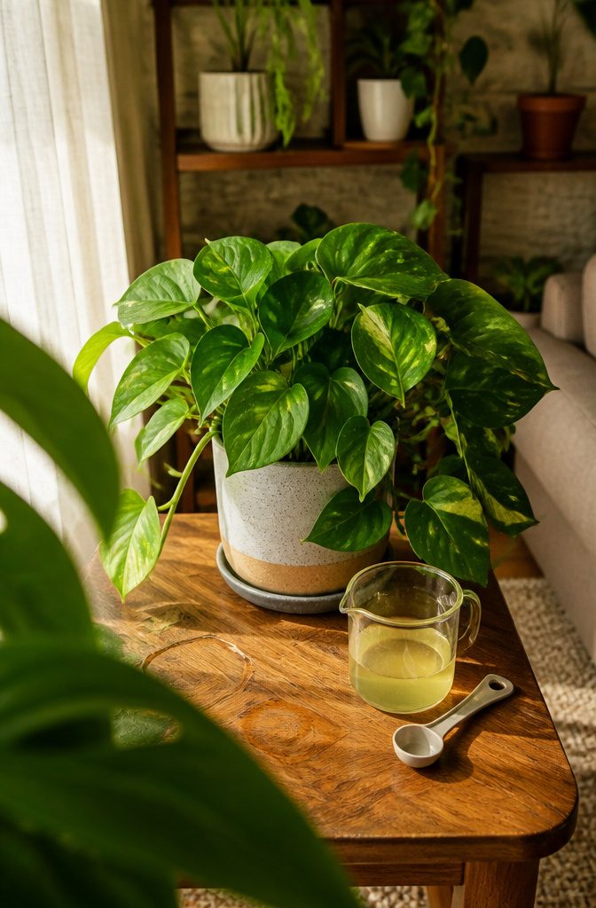 Full green pothos beside diluted fertilizer, a watering vessel, and measuring spoon