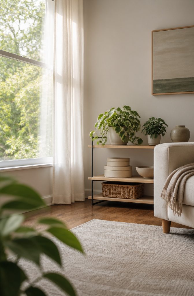 Pothos beside a bright window with compact growth along its vines