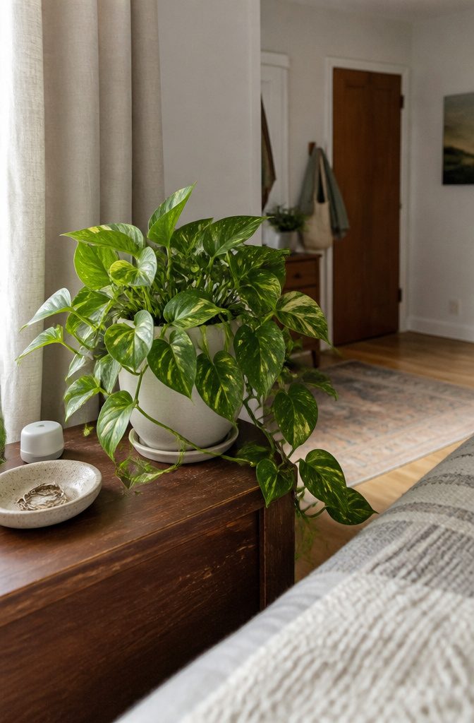 Pothos on a bedroom cabinet beside a small indoor thermometer
