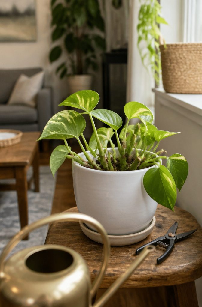 Pruned variegated pothos with cut vines, visible leaf nodes, and shears nearby