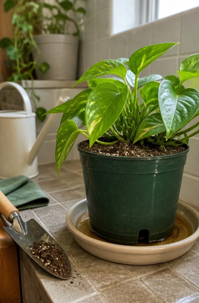 Pothos being watered in a pot with drainage holes