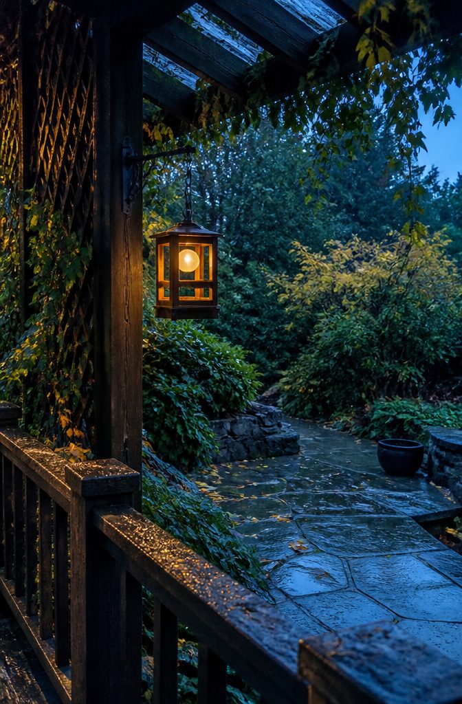 Wood lantern holding an LED candle inside its open square frame