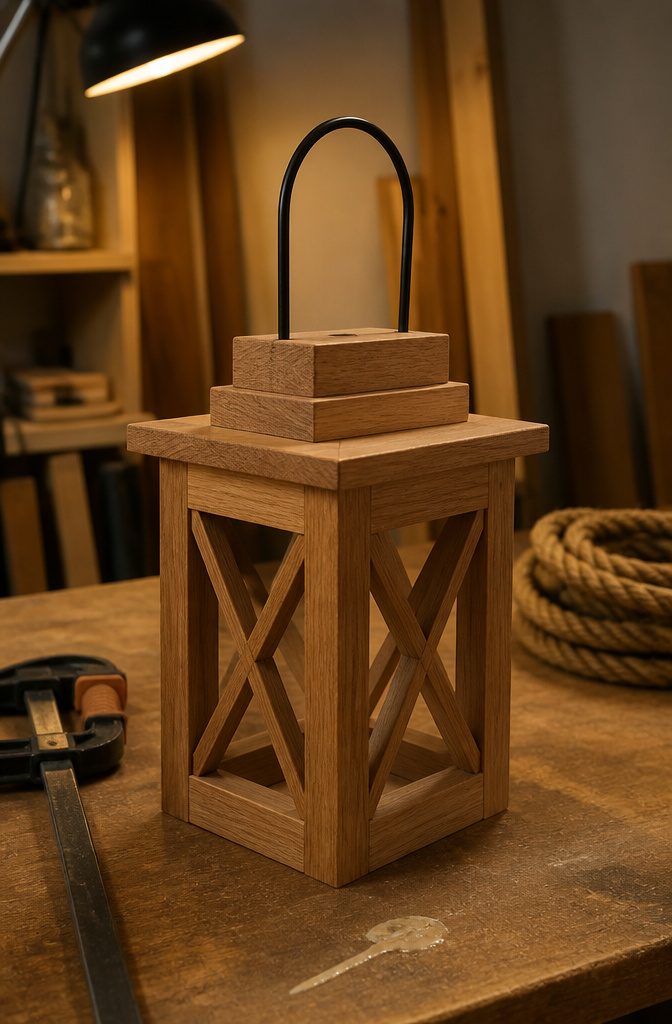 Wood lantern top with a raised topper and handle attached