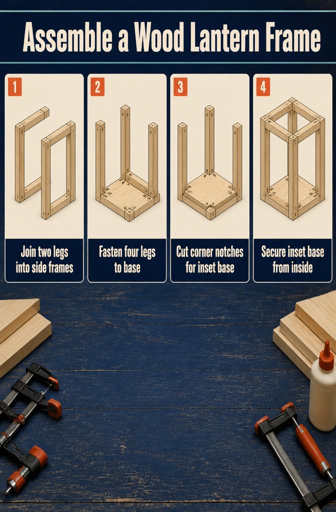 Wood lantern frame assembly diagram with numbered steps and labeled joints