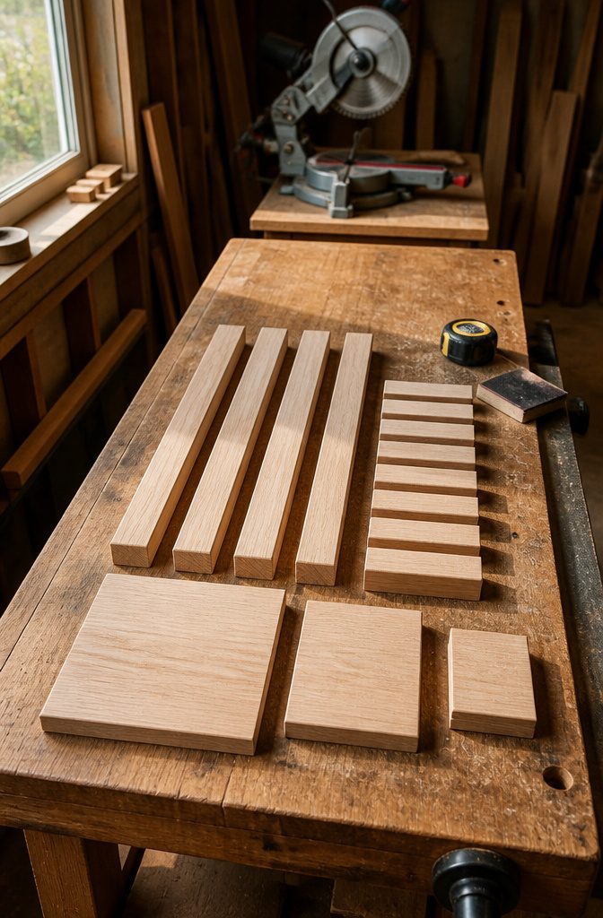 Lantern frame pieces and square panels laid out beside a measuring tape and sanding block