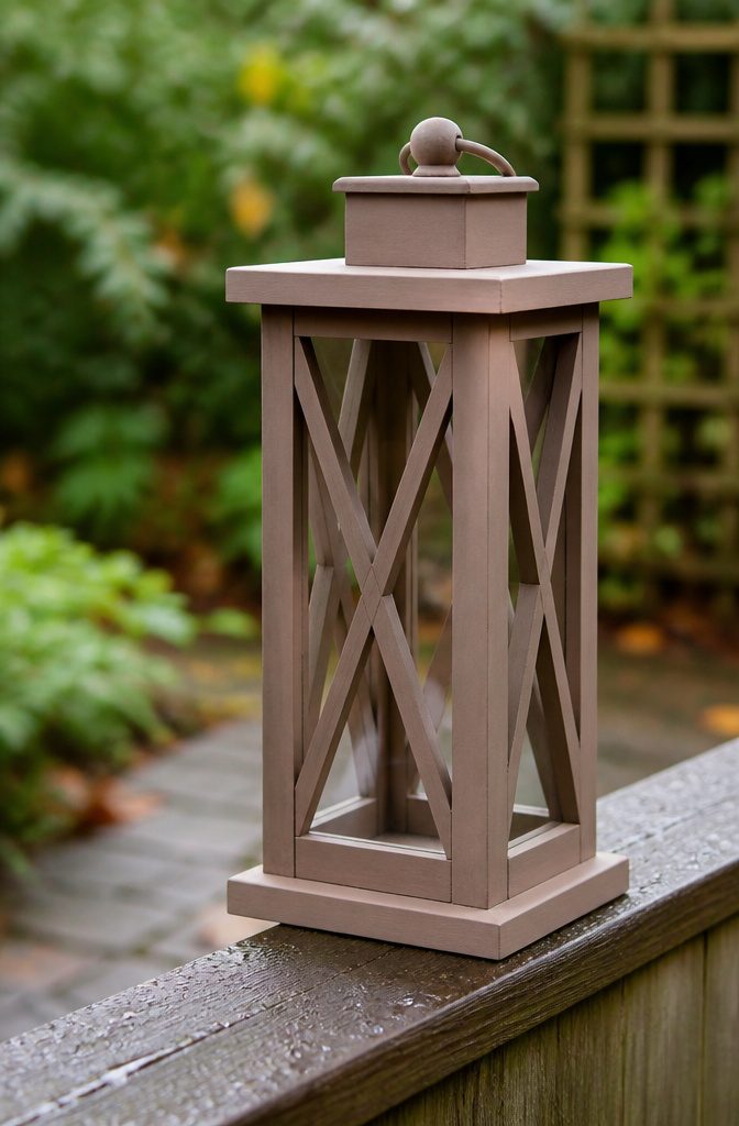 Wood lantern with a protective outdoor finish on a porch