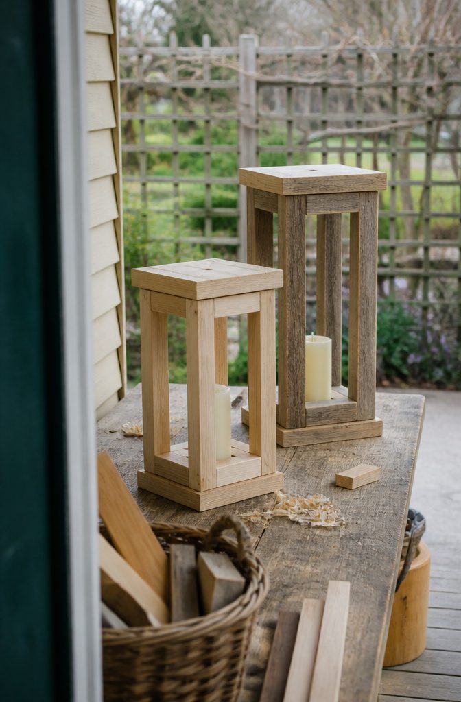 Two wood lanterns in different heights made from weathered pallet boards and pale pine