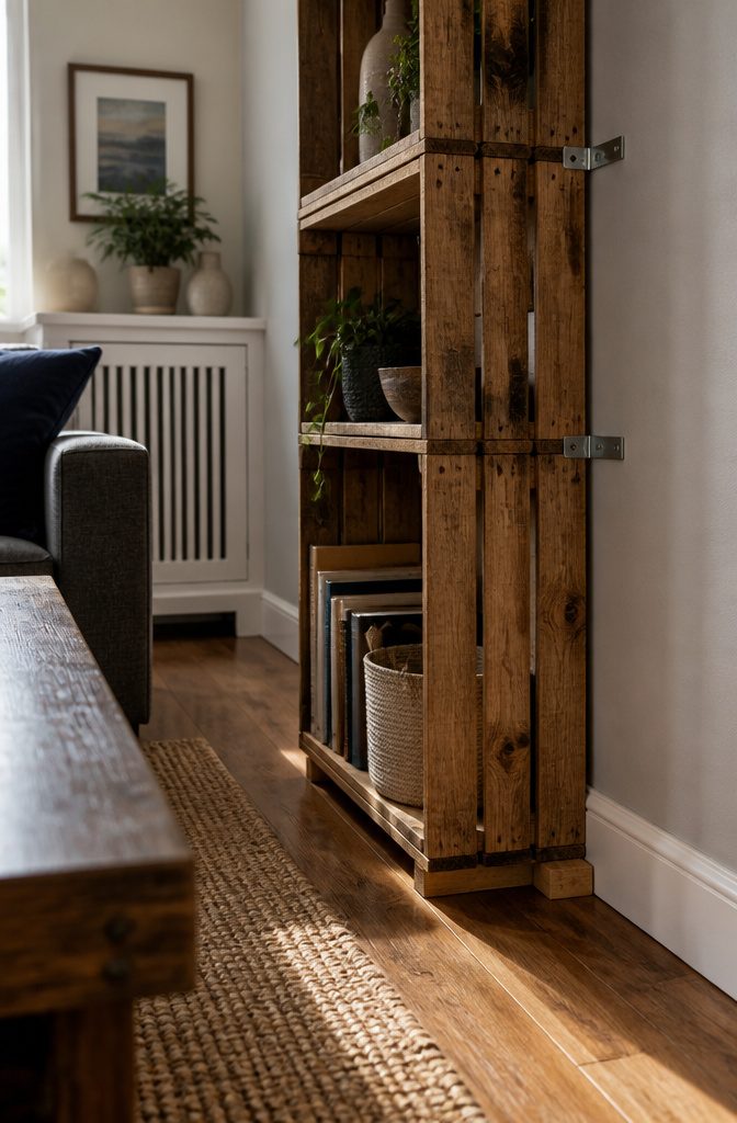 How to Make Wooden Crate Shelves: 5 Steps to Build Them 5 Wooden crate shelf secured to an interior wall with brackets and spacer block