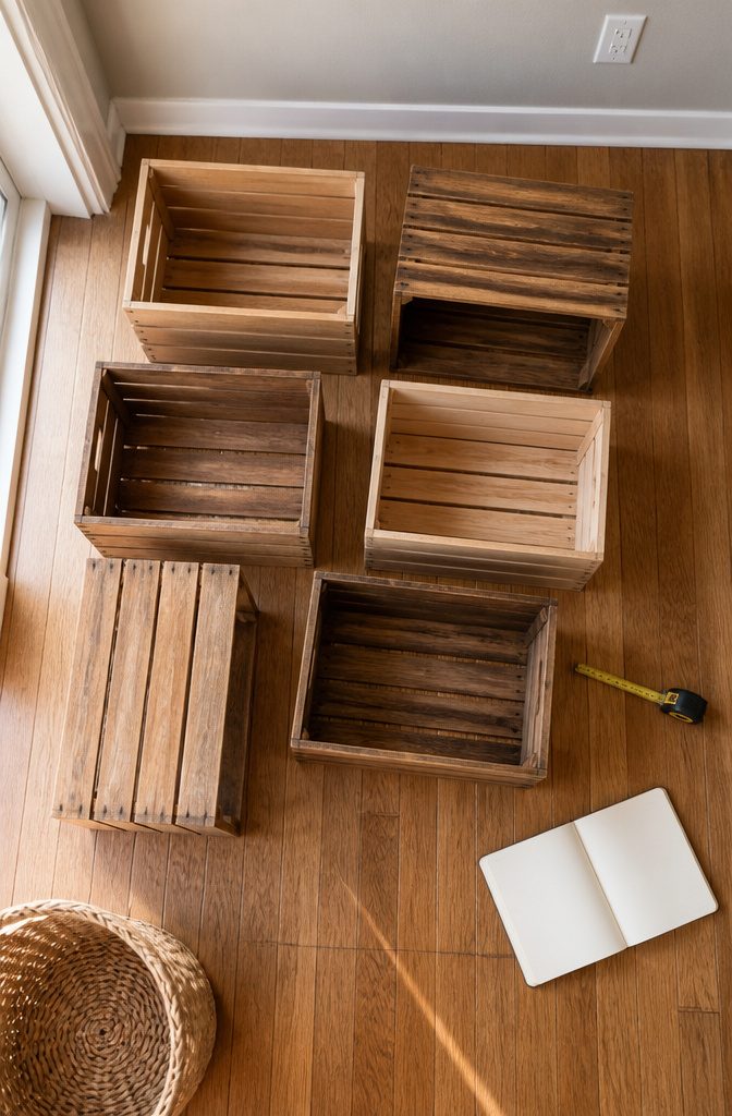 How to Make Wooden Crate Shelves: 5 Steps to Build Them 2 Wooden crates laid out before assembly for a home storage shelf