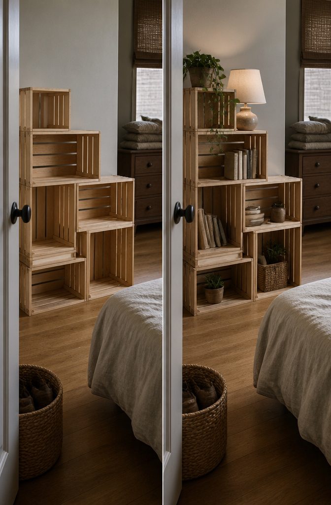 How to Make Wooden Crate Shelves: 5 Steps to Build Them 7 Four wooden crates arranged as a freestanding storage shelf with open cubbies