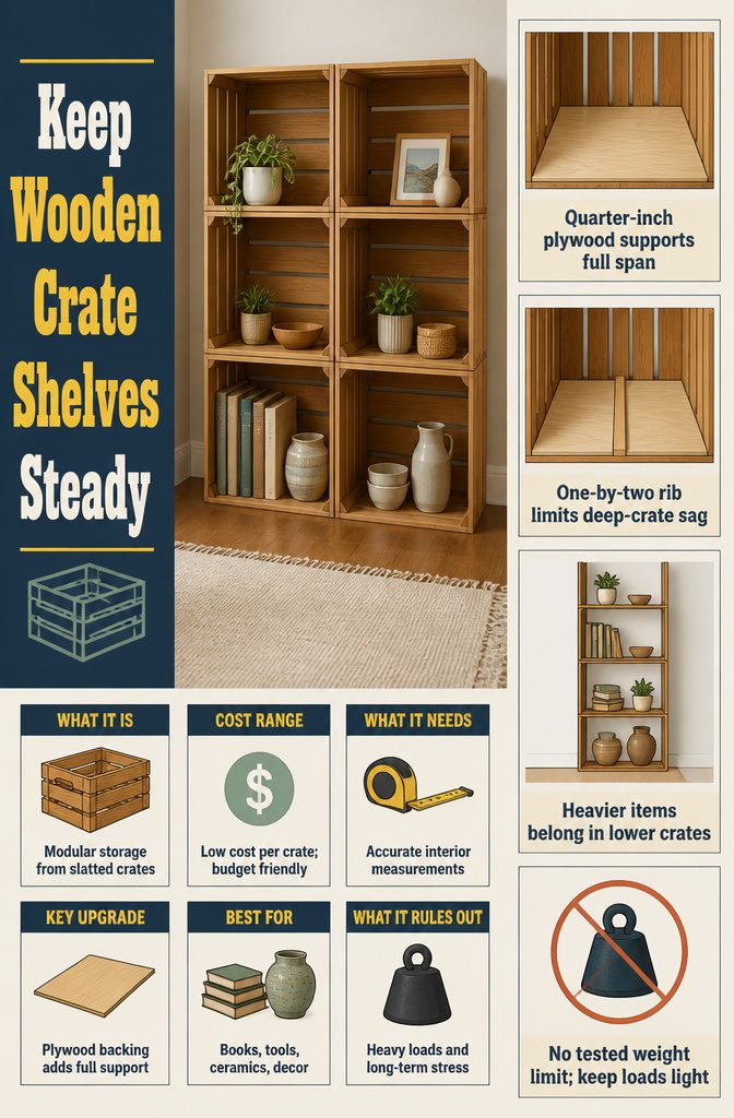 How to Make Wooden Crate Shelves: 5 Steps to Build Them 8 Graphic titled Keep Wooden Crate Shelves Steady with a crate shelf illustration