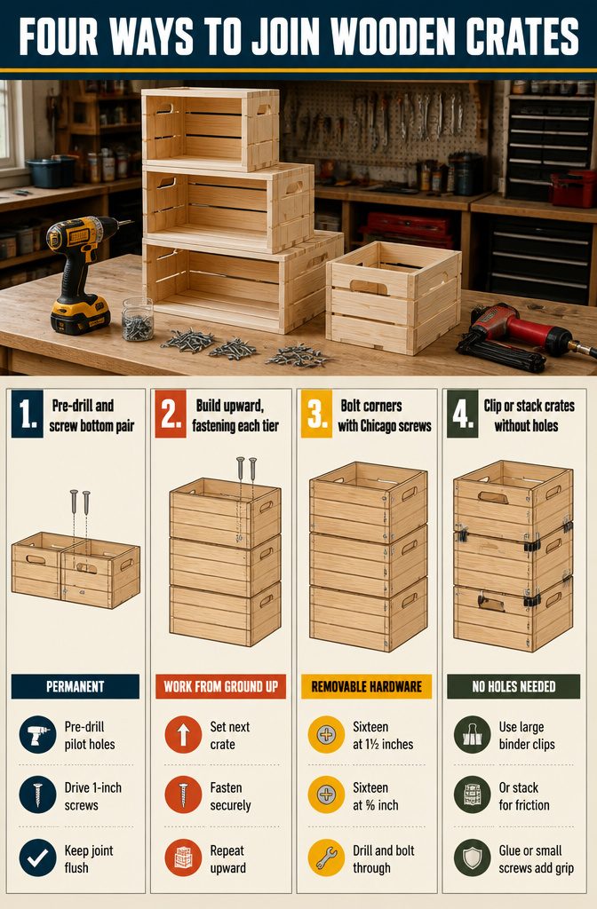 How to Make Wooden Crate Shelves: 5 Steps to Build Them 4 Diagram of four ways to join wooden crates with different fasteners