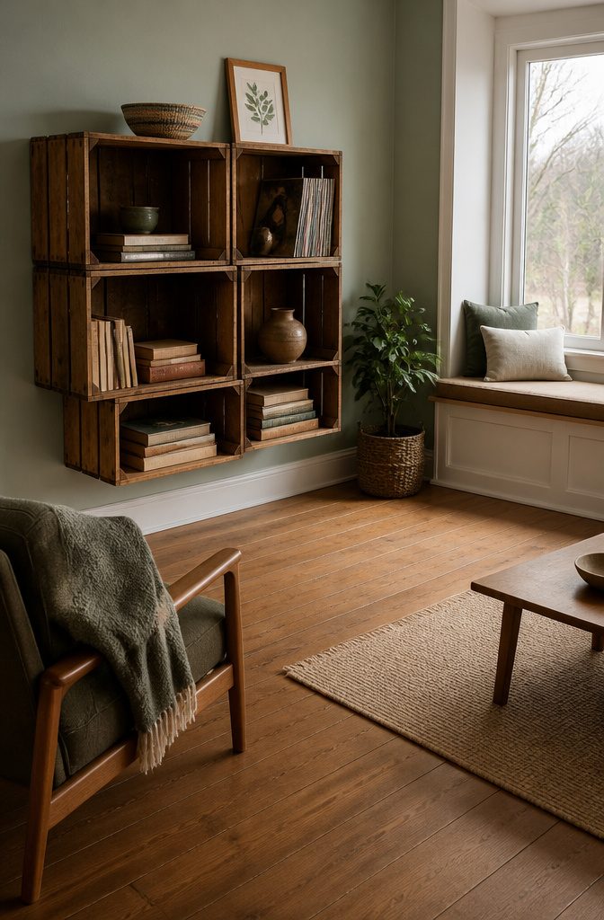 How to Make Wooden Crate Shelves: 5 Steps to Build Them 6 Wooden crate shelves holding books and decorative items on several levels