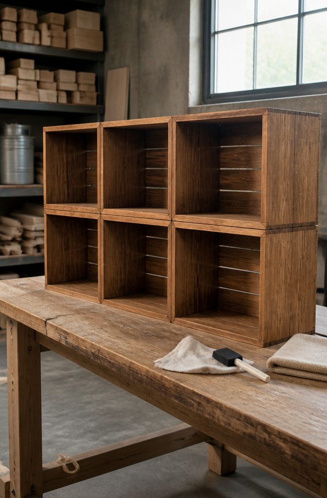 How to Make Wooden Crate Shelves: 5 Steps to Build Them 3 Joined wooden crates with warm stain and visible grain beside finishing supplies