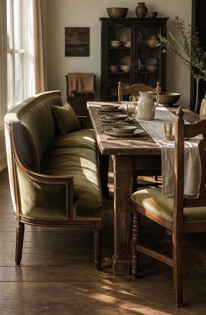 Velvet settee and antique dining chairs around a wooden table
